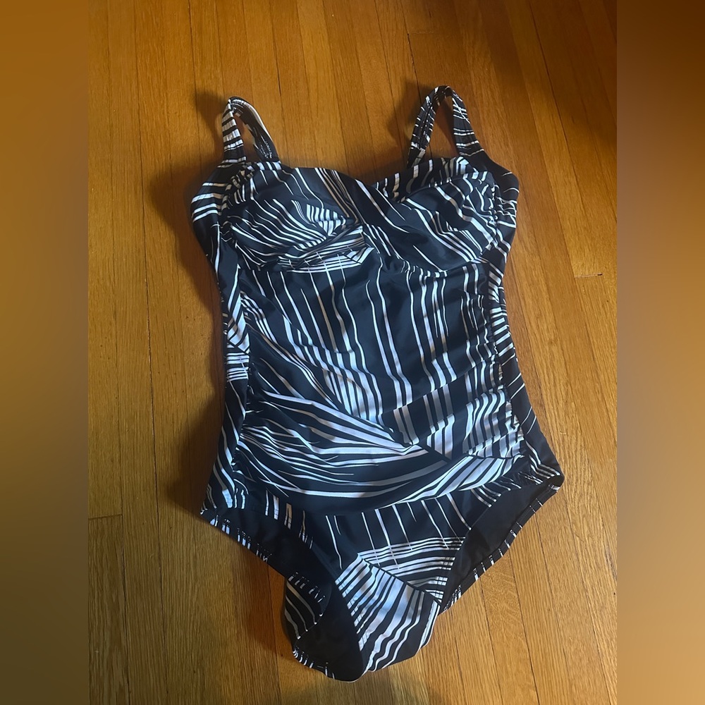 Swimsuits For All Black & White Stripey One Piece, Size 16
